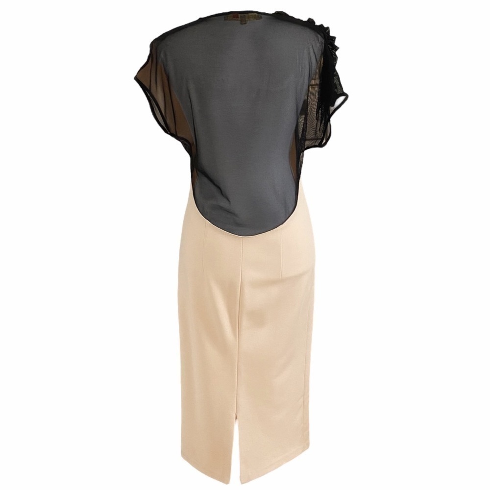 BABYLON COLLECTION CREAM BLACK CINCHED RUFFLE SHEER MESH MIDI FORMAL DRESS - L - Picture 4 of 11